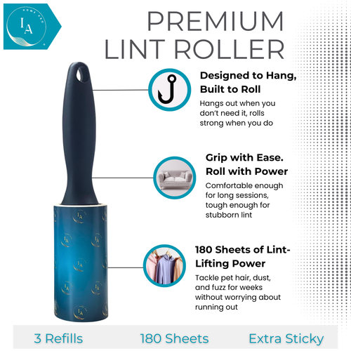 Lint Roller with 3 Refills – 180 Extra Sticky Sheets for Pet Hair & Clothes