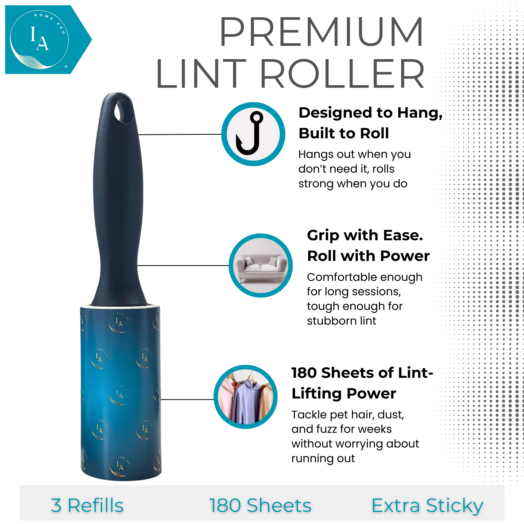 Lint Roller with 6 Refills – 360 Ultra-Sticky Sheets for Lint & Pet Hair Removal