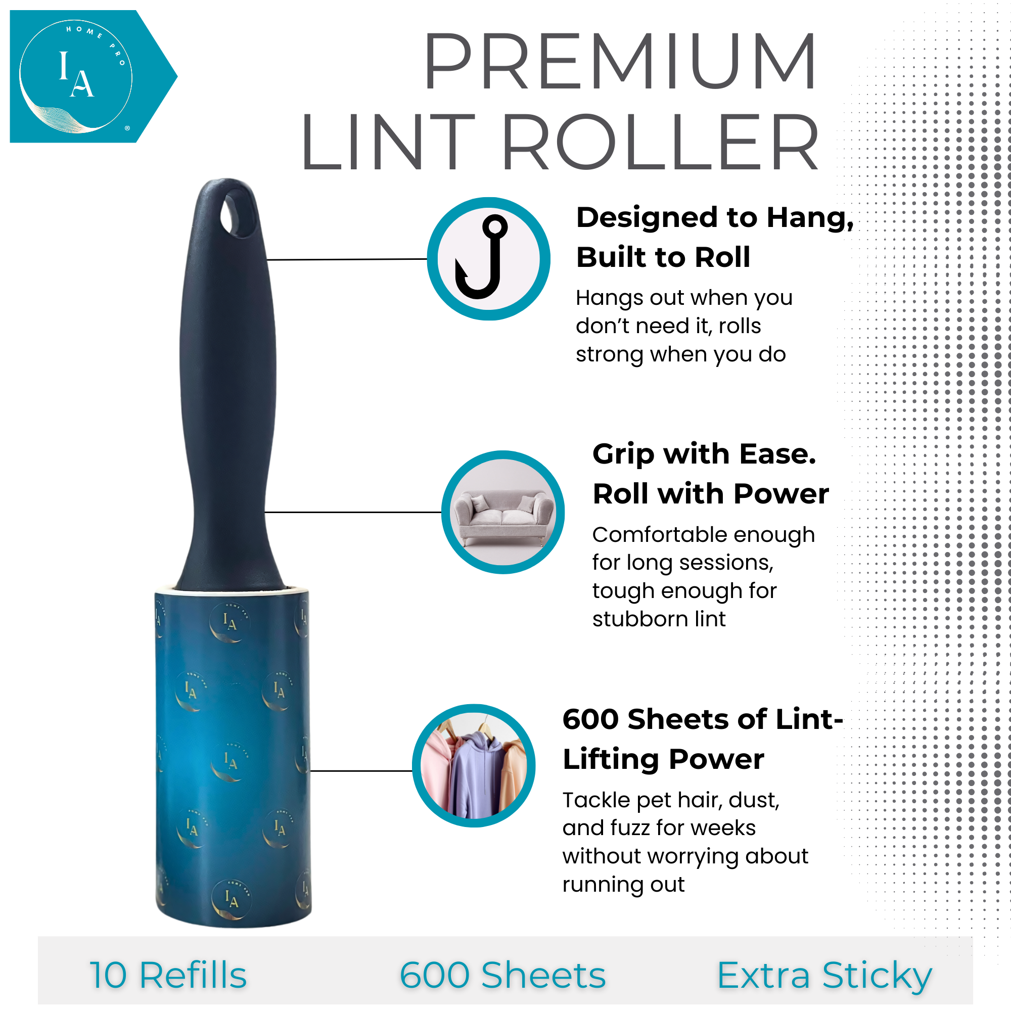 Lint Roller with 10 Refills – 600 Extra Sticky Sheets for Clothes & Pet Hair