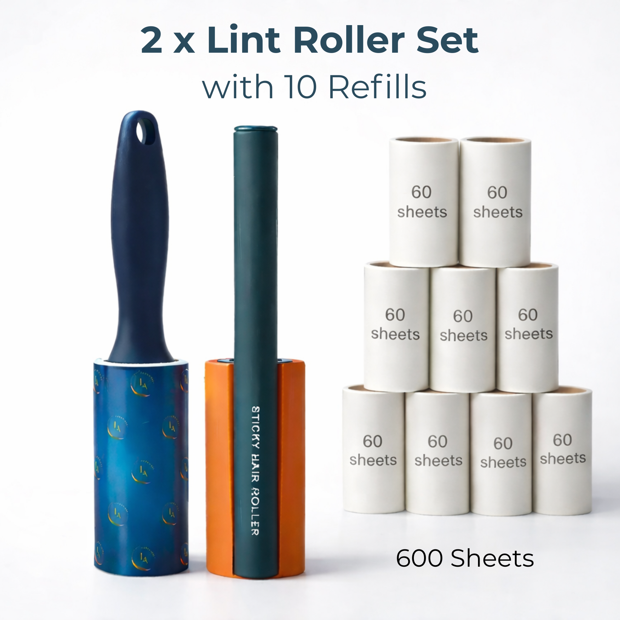 2 Lint Roller Set (Home & Travel) + 10 Refills – 600 Extra Sticky Sheets