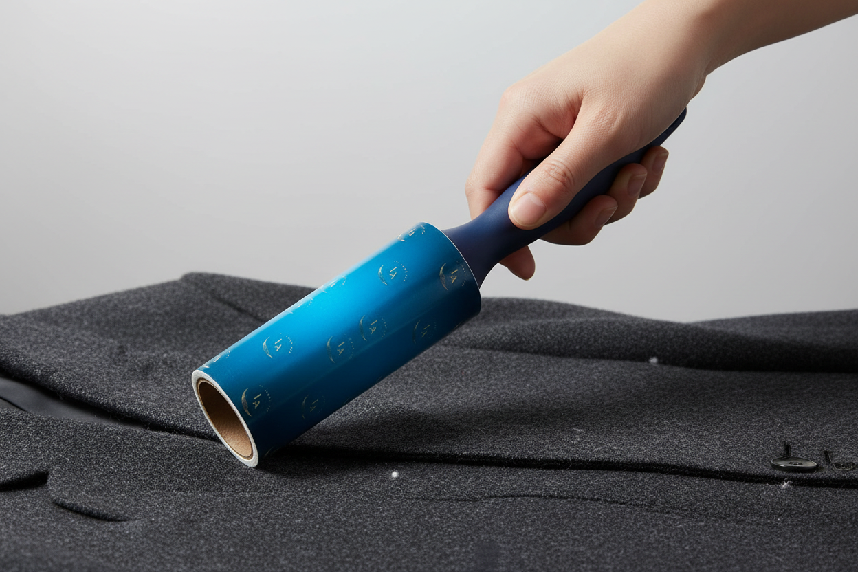 Hand holding lint roller with black handle